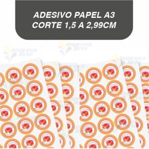Adesivo PAPEL folha A3 CORTE 1,5 A 2,99CM Papel adesivo  impressão laser A3 4x0 Só Frente Couchê brilho  Para adesivos com o *mesmo formato de corte*.