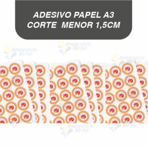 Adesivo PAPEL folha A3 CORTE MENOR 1,5CM Papel adesivo  impressão laser A3 4x0 Só Frente Couchê brilho  Para adesivos com o *mesmo formato de corte*.